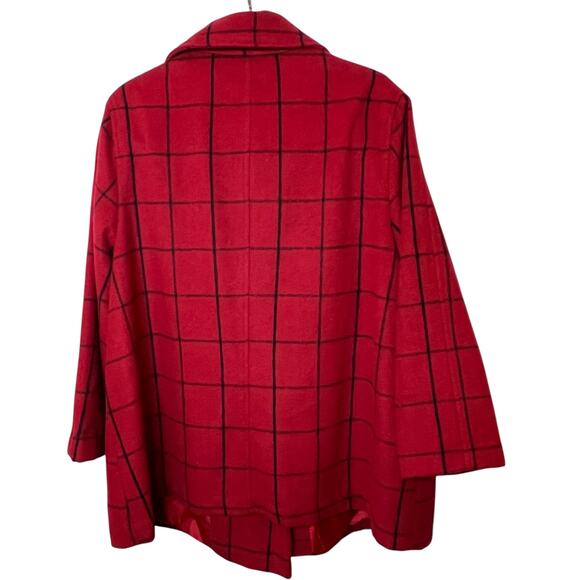 Jessica London Peacoat Women 24 Petite Red Check Wool Blend Double Breasted Coat - Picture 4 of 10